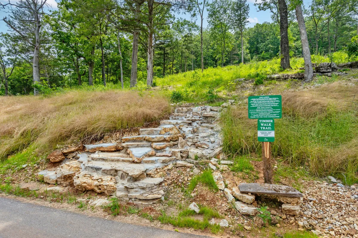 A scenic outdoor scene featuring stone steps leading up to a designated hiking trail, surrounded by tall trees and lush greenery. Trail signage marks the entrance, inviting visitors to explore the woodland path.